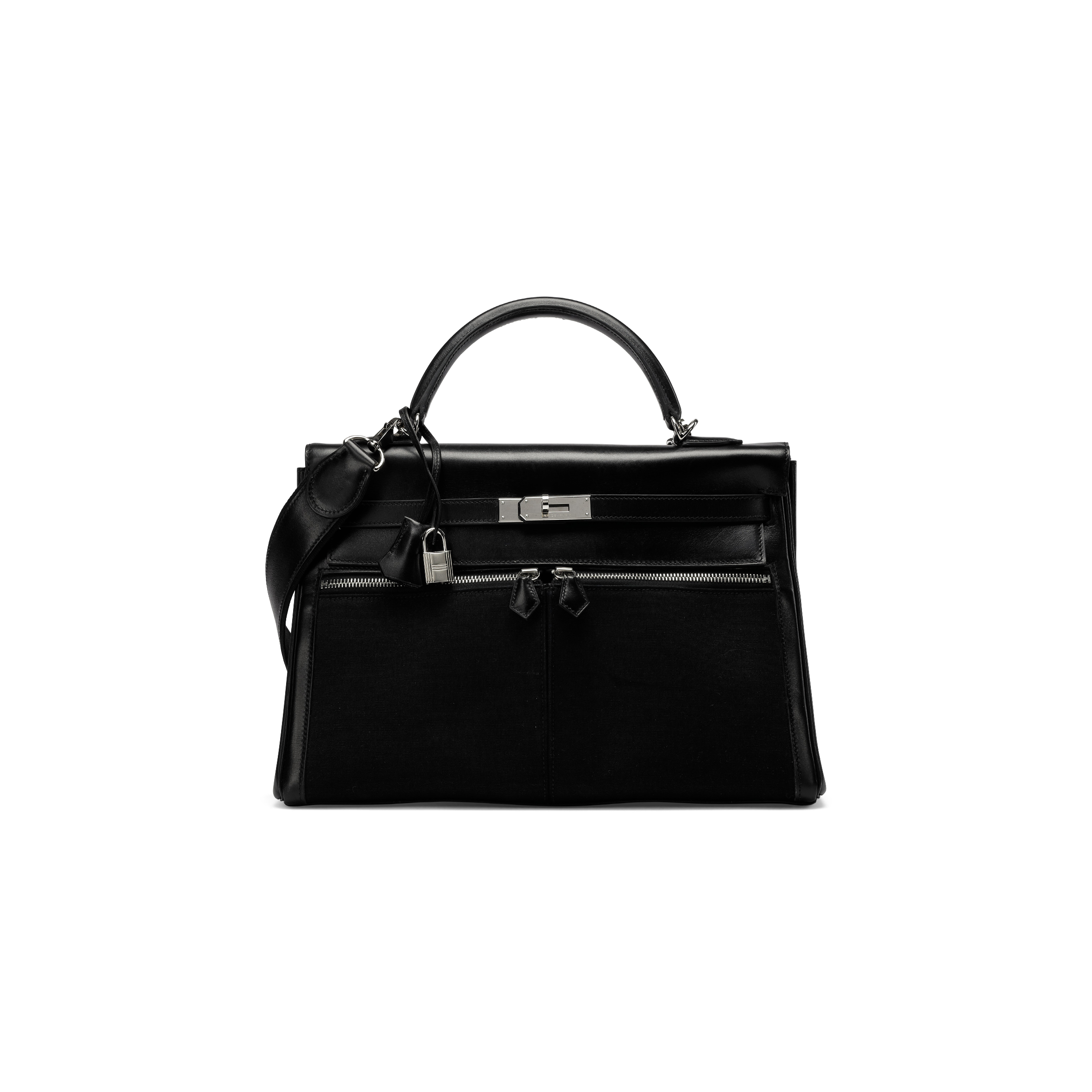HERMÈS MASTER A BLACK SWIFT LEATHER & CANVAS KELLY LAKIS 32 WITH PALLADIUM HARDWARE (32*23*10cm) 